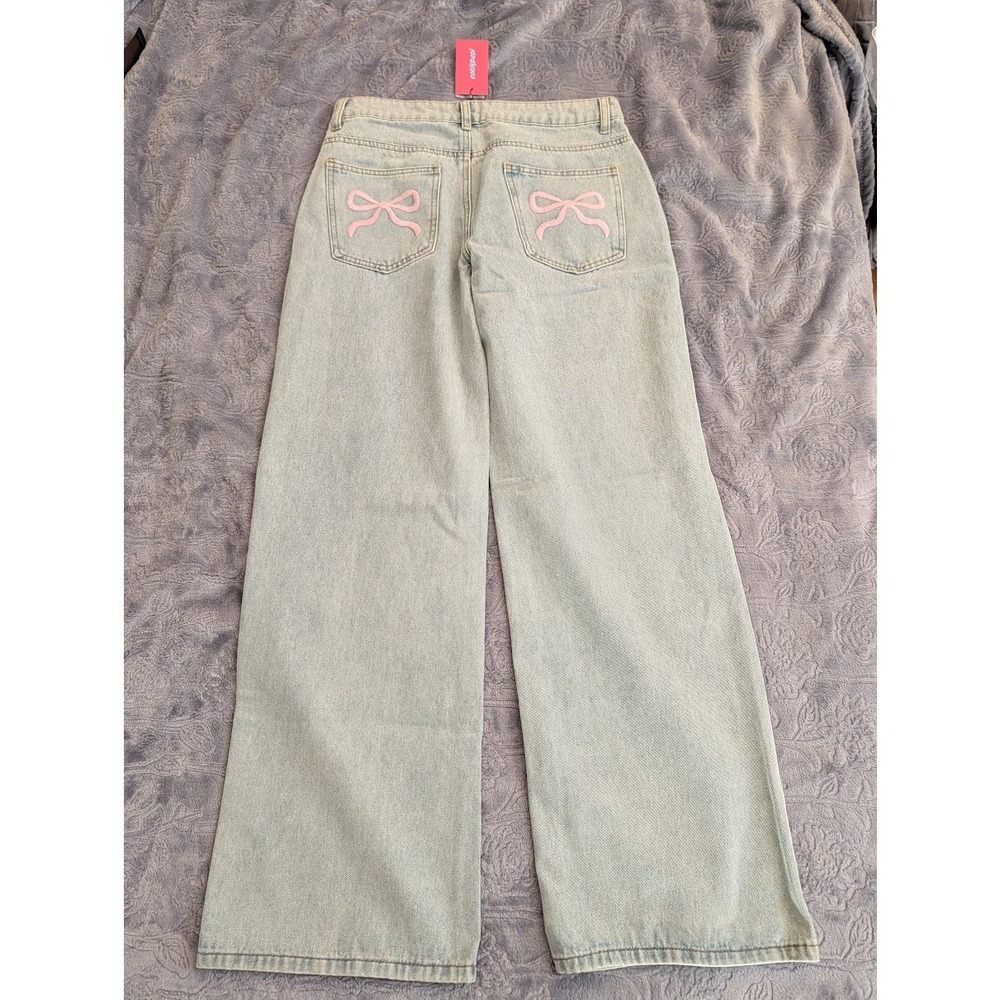 EDIKTED Light Blue Wide Leg Jeans Bow Pocket 100% Cotton Women's Size M - Picture 3 of 9
